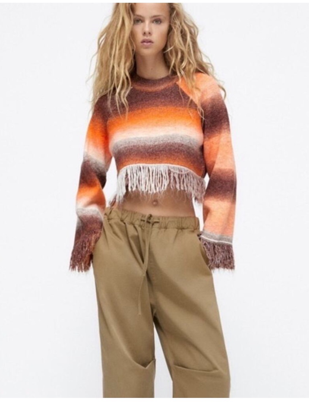 Zara Orange, Brown And Cream Ombre Fringe Sweater